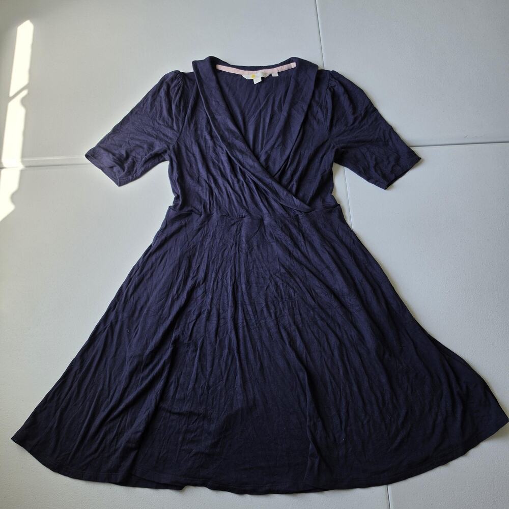 Boden Dress Womens 6 Petite Navy Jersey Wrap A Line Knee Length Puff Sleeve